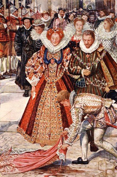 Walter Raleigh legt seinen Mantel für Königin Elizabeth nieder, Illustration aus 